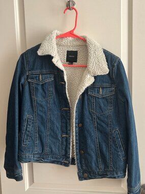 Forever 21 Sherpa Lined Denim Jacket Fleece Collar Jean Trucker Coat Cozy